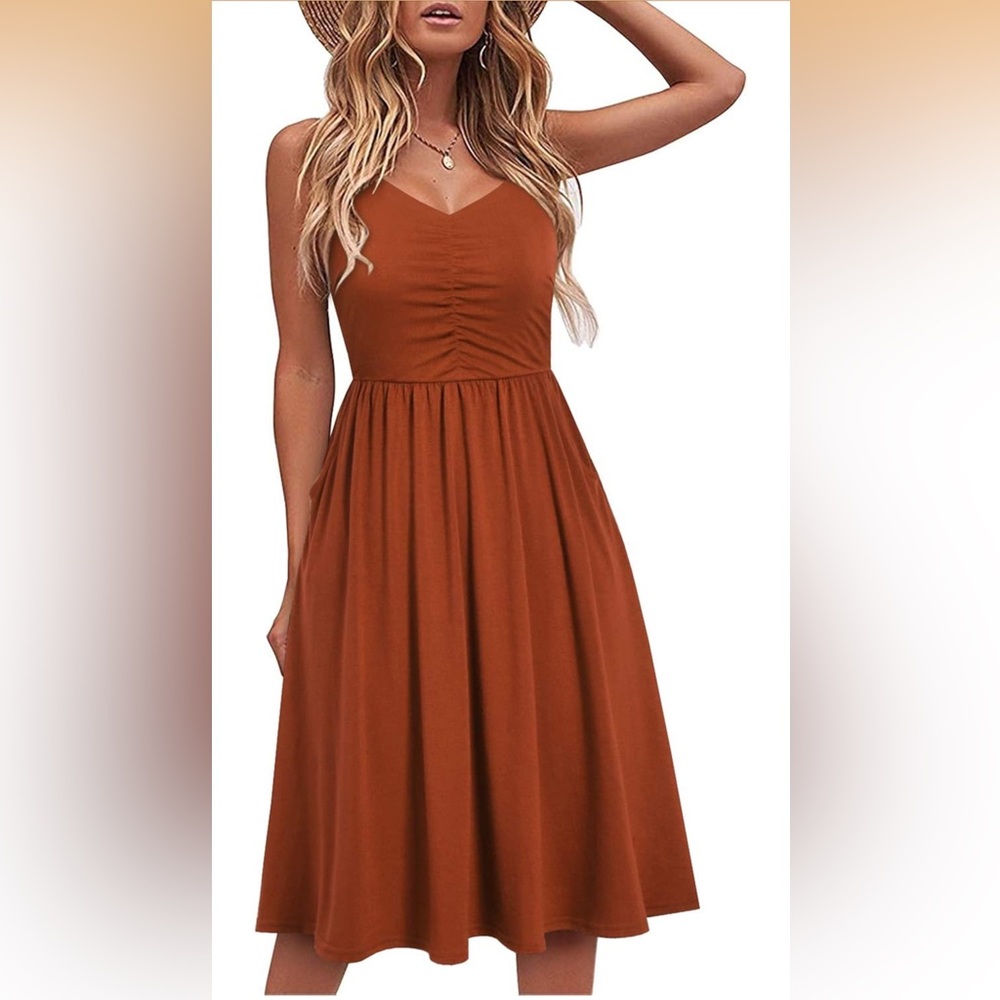 NWT Yathon Rust Brown A-Line Midi Sundress w/ Pockets Spaghetti Strap Size Small